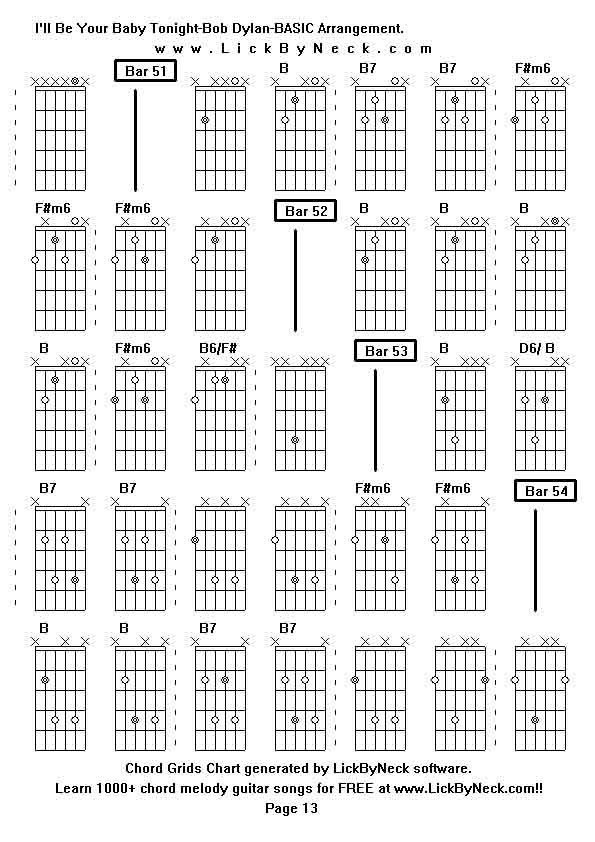 Chord Grids Chart of chord melody fingerstyle guitar song-I'll Be Your Baby Tonight-Bob Dylan-BASIC Arrangement,generated by LickByNeck software.